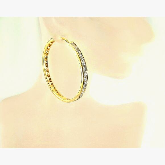 Bling & Glam! 18K Gold Filled Tube Hoop Earrings 1.90" Tall Sparkling Earrings - Picture 5 of 7